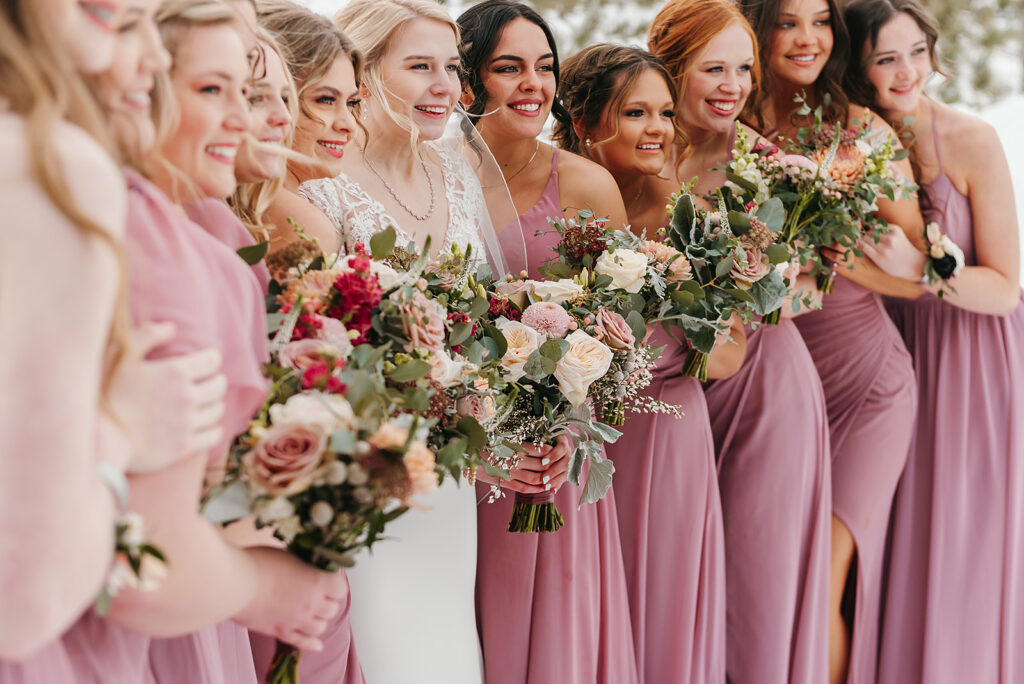 Bride and bridesmaids, pink bridesmaids dresses