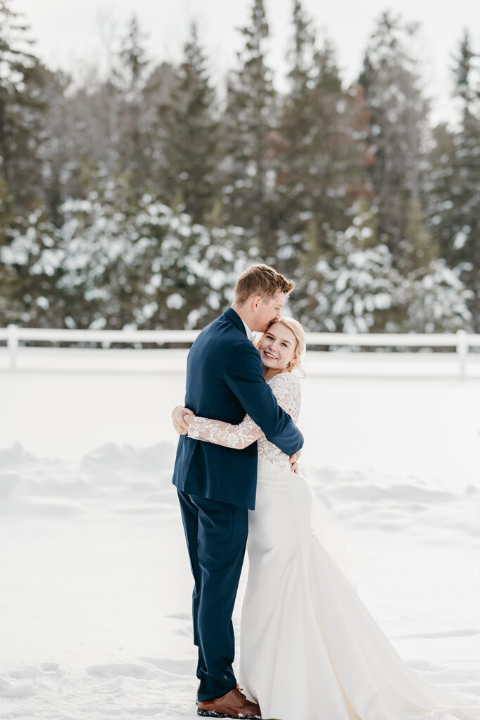 Bride and groom Minnesota winter wedding portrait