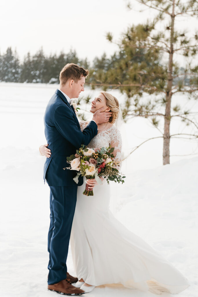 Bride and groom Minnesota winter wedding portrait