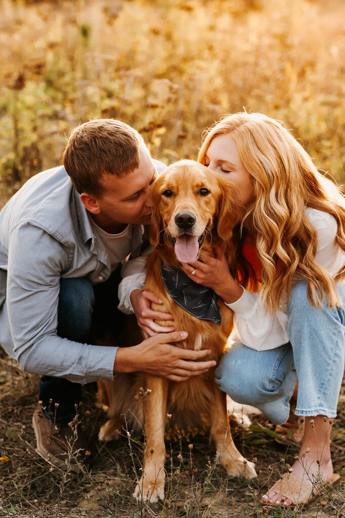 Engaged couple sharing a playful moment with their golden retriever in a lush Bemidji field during golden hour