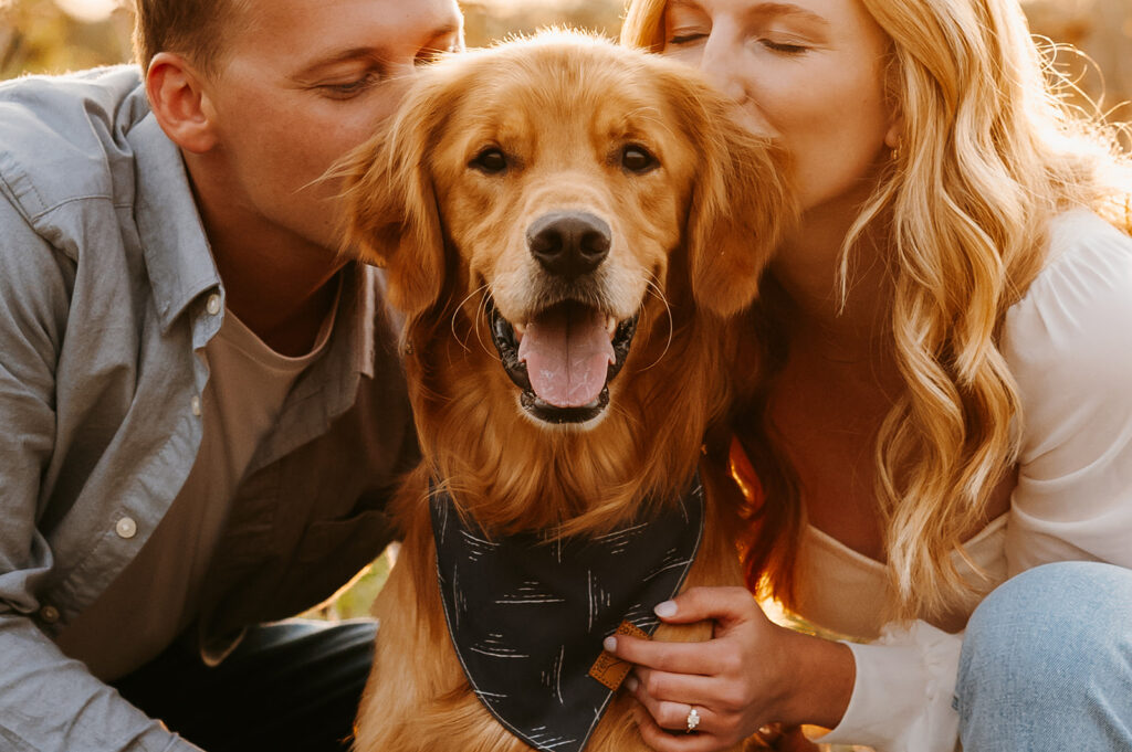 future bride and groom kissing their golden retriever in a beautiful field