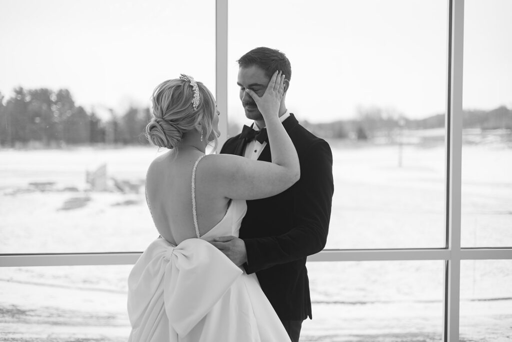 Emotional first look between bride and groom
