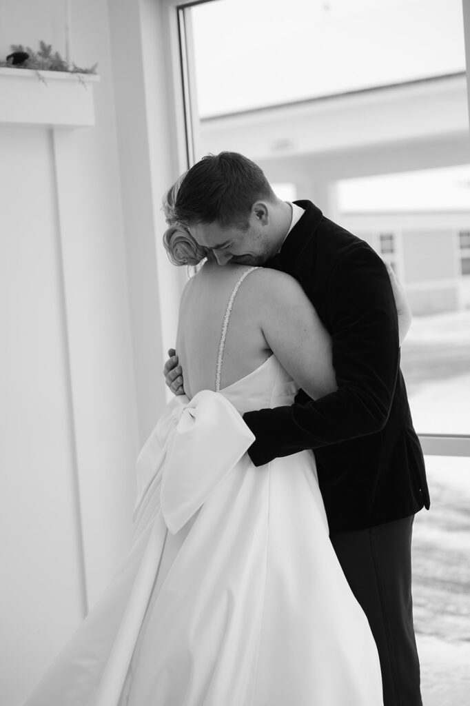Emotional first look between bride and groom