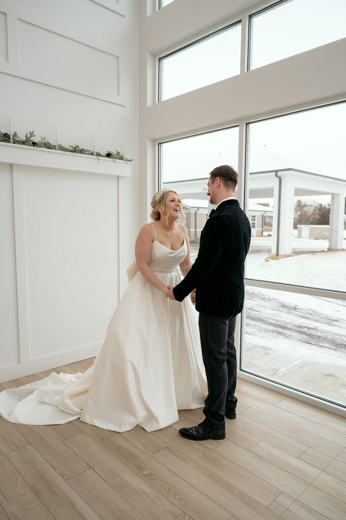 Emotional first look between bride and groom