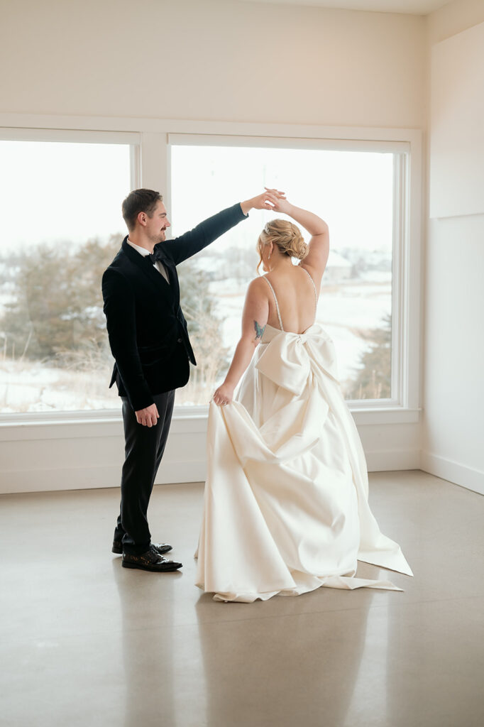 Romantic bride and groom portrait in The Aisling’s sunlit indoor space