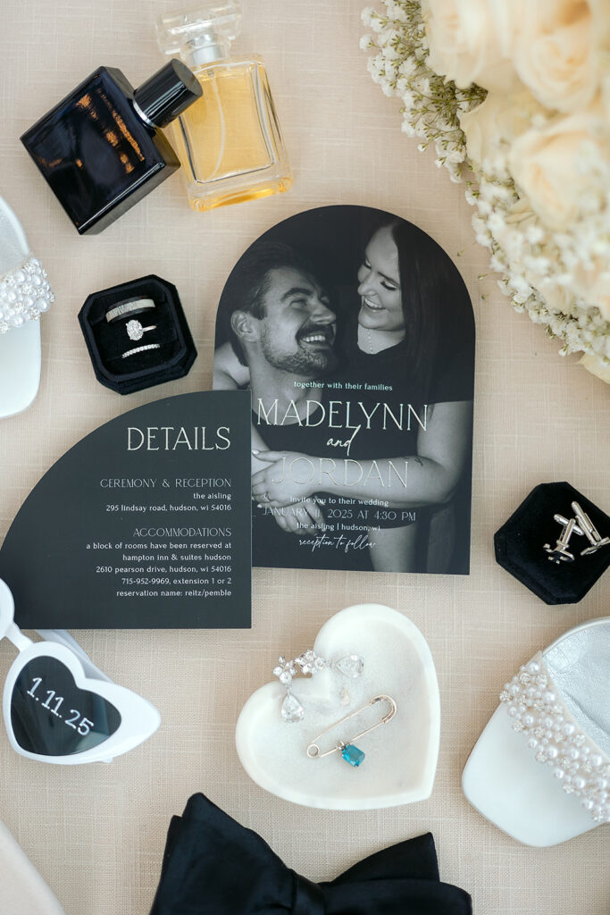 elegant winter wedding detail flatlay