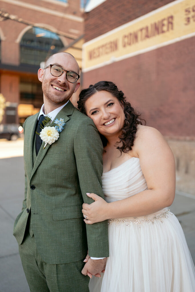 bride and groom in downtown minneapolis during their celebration at the neu neu wedding venue