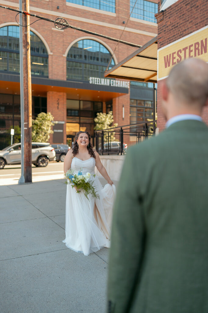 bride and groom in downtown minneapolis during their celebration at the neu neu wedding venue