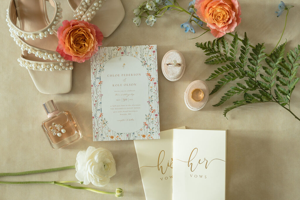 colorful spring wedding detail flatlay