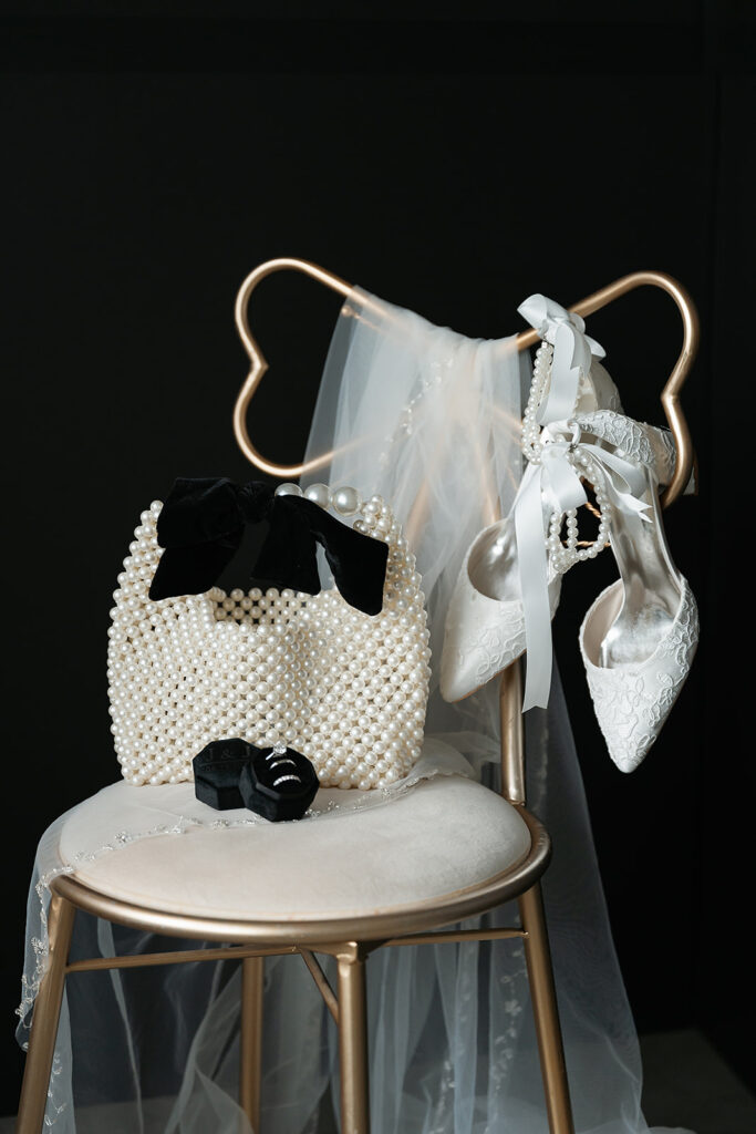bride black and white wedding details