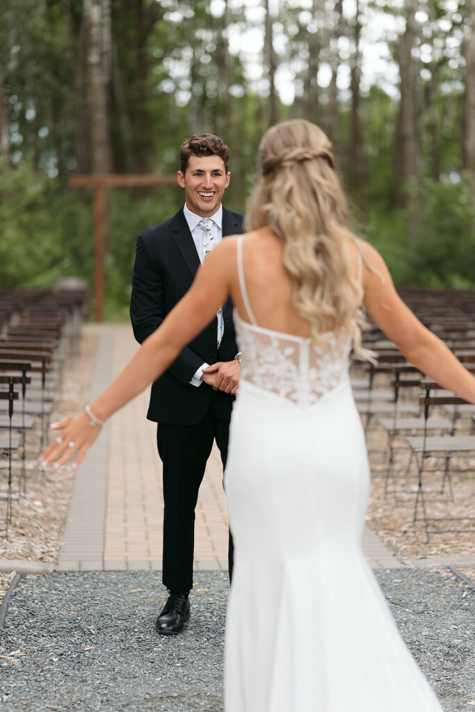 emotional bride and groom first look and private vow exchange