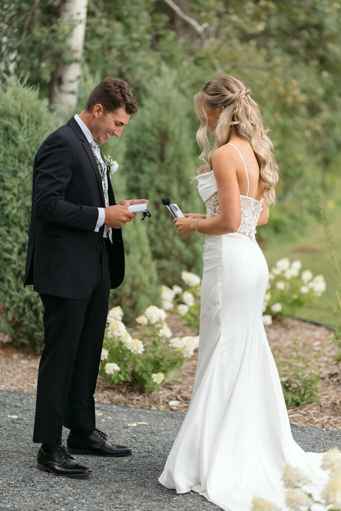 emotional bride and groom first look and private vow exchange