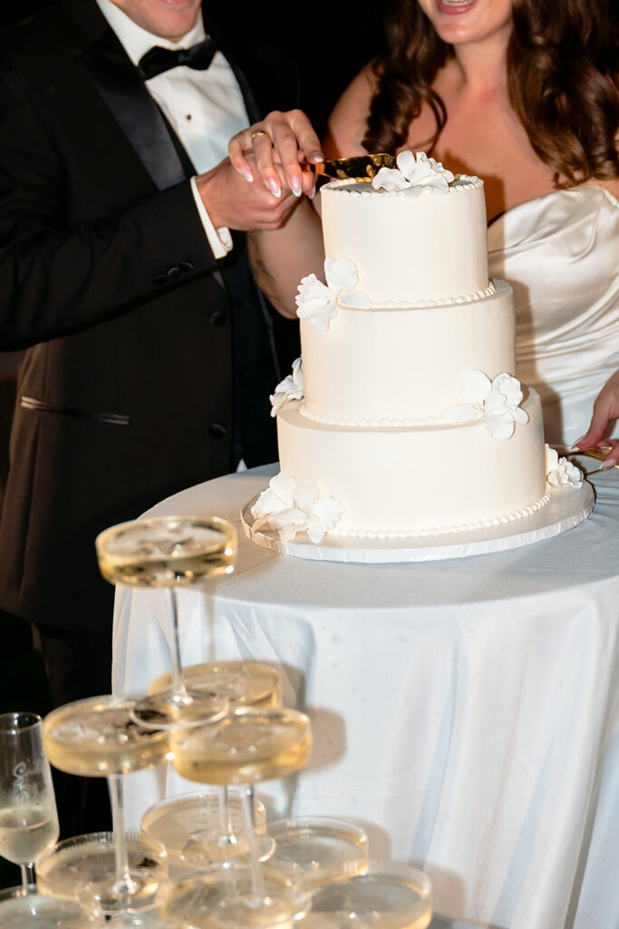 bride and groom cutting cake