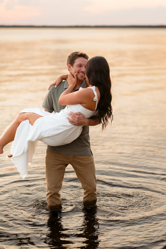 blue hour lakeside engagement photos at Lake Bemidji State Park