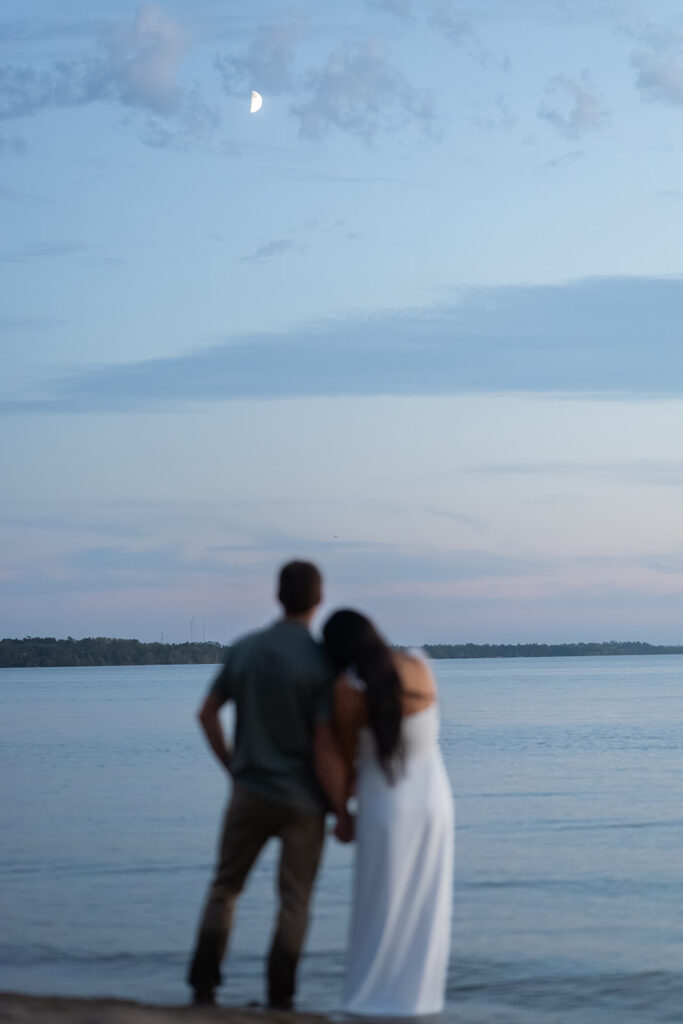 blue hour lakeside engagement at Lake Bemidji State Park