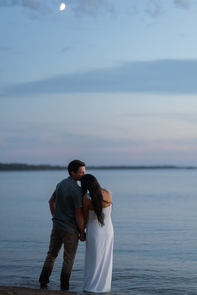 blue hour lakeside engagement at Lake Bemidji State Park