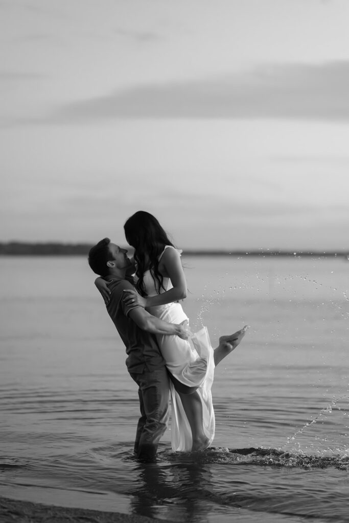 blue hour lakeside engagement at Lake Bemidji State Park