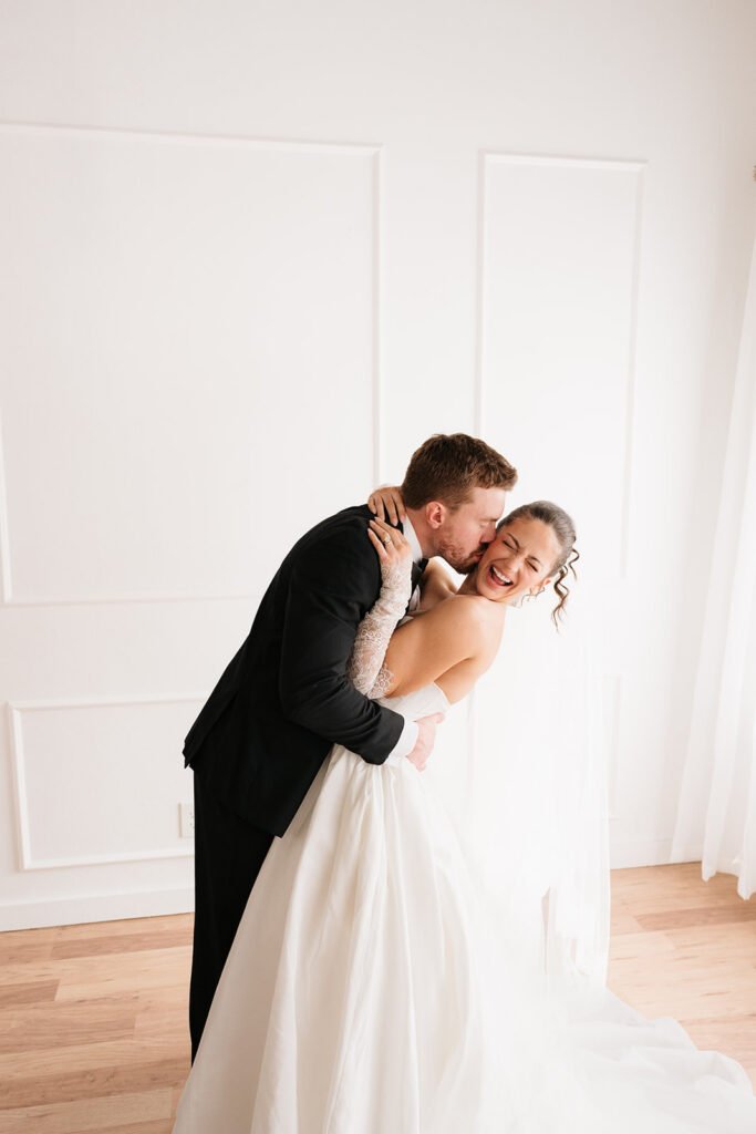 natural light studio wedding photos with clean white walls in Bemidji Minnesota