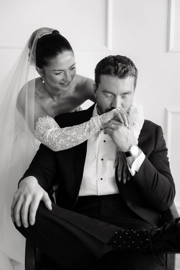 timeless black and white studio wedding portraits of bride and groom in Bemidji Minnesota