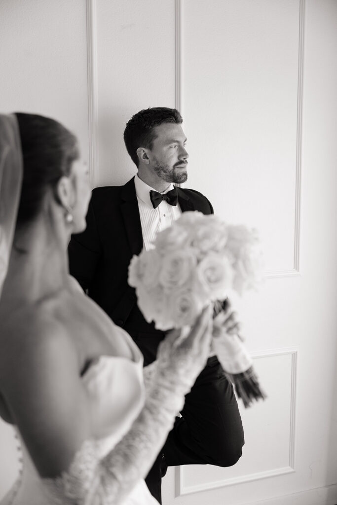 close up black and white studio wedding portrait of newlyweds in Bemidji Minnesota