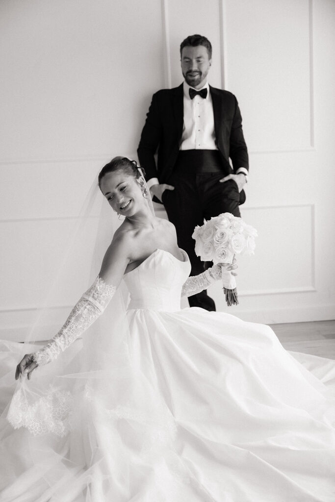editorial studio wedding portraits with modern white backdrop in Bemidji Minnesota