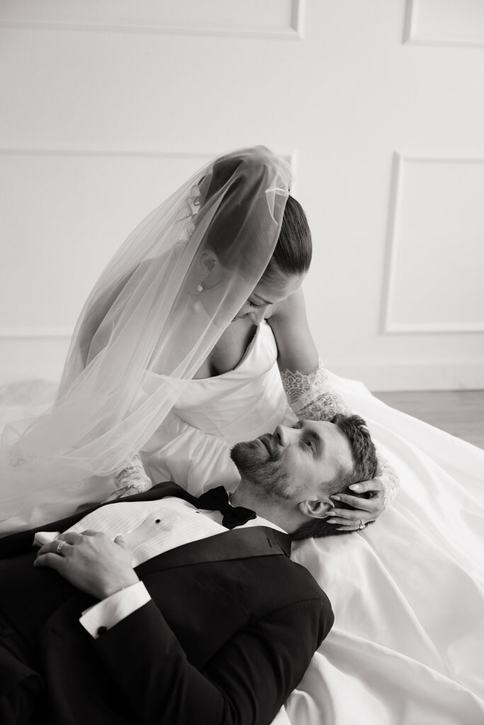 editorial studio wedding portraits with modern white backdrop in Bemidji Minnesota