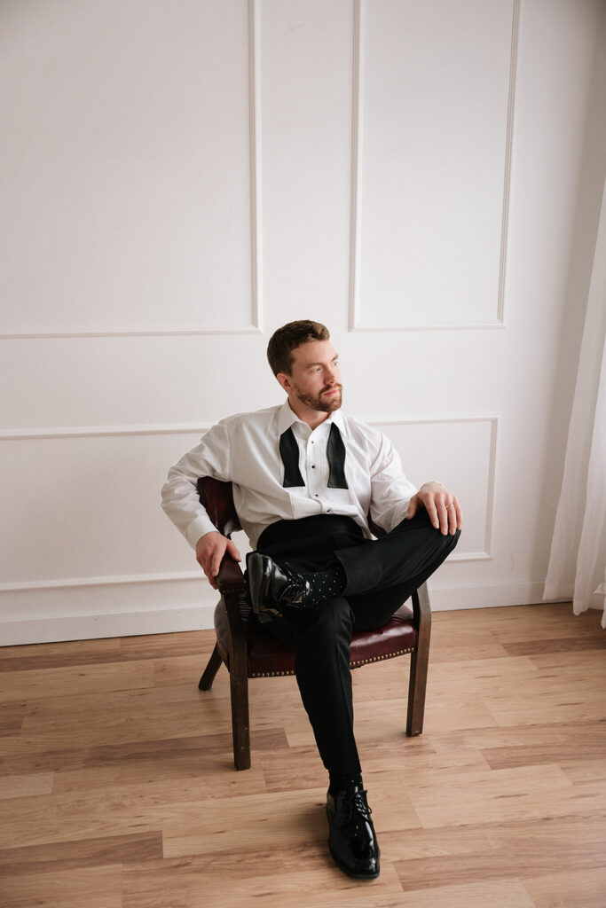 modern editorial groom wedding portraits in a natural light studio in Bemidji Minnesota