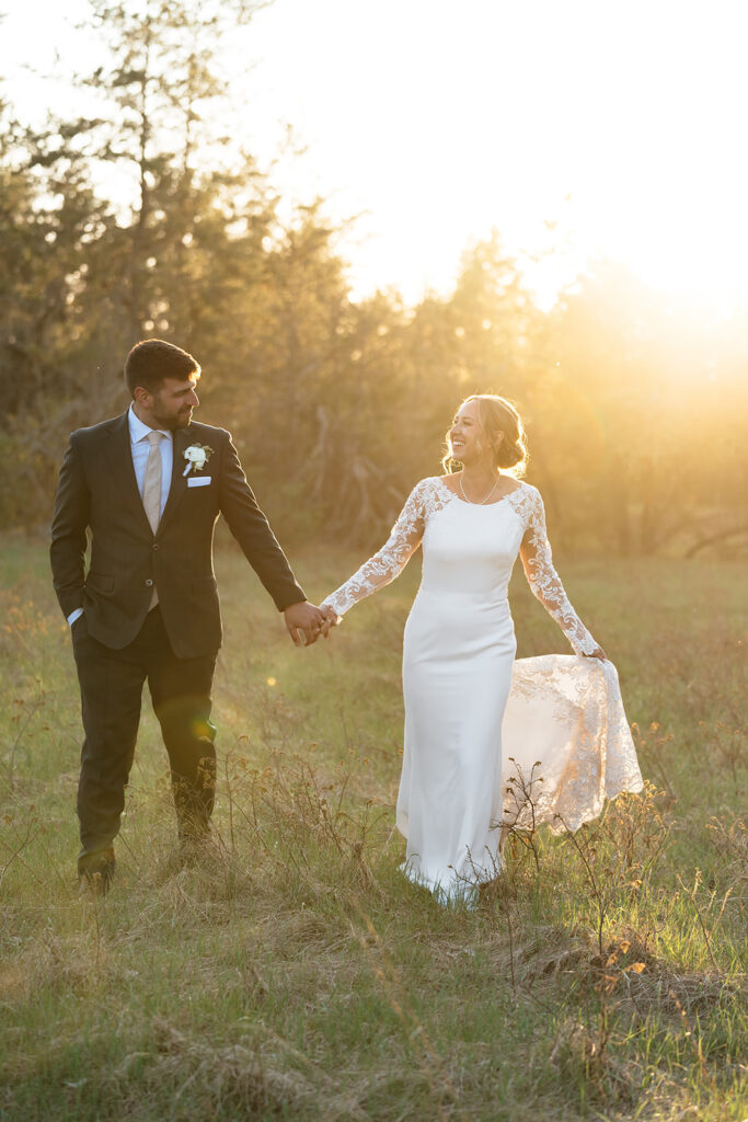 wedding couple during golden hour in the forest