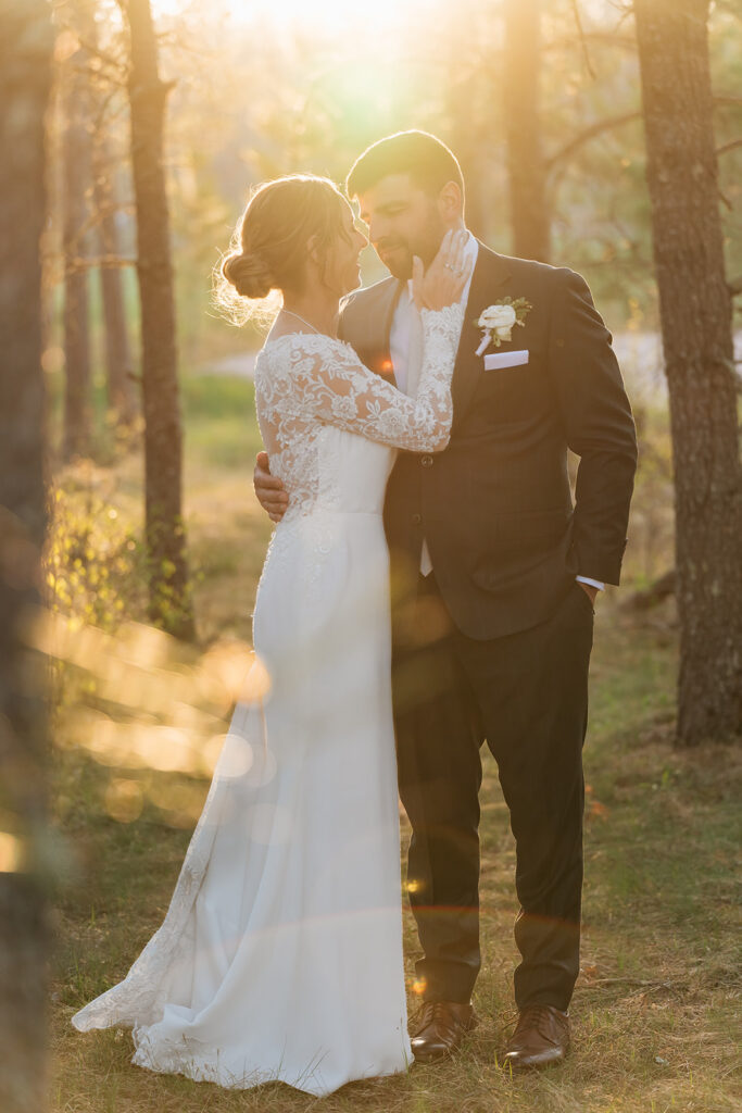 wedding couple during golden hour in the forest