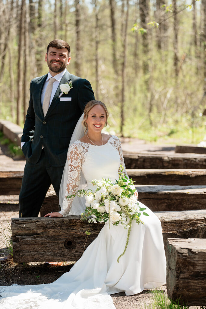 bride and groom at the outdoor ceremony space of The Atrium in Solon Springs, Wisconsin