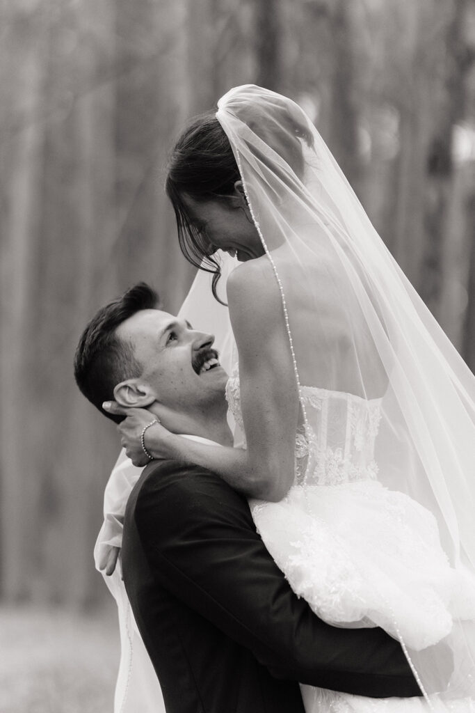 bride and groom at the forest during their nature wedding at the catalyst by nature link