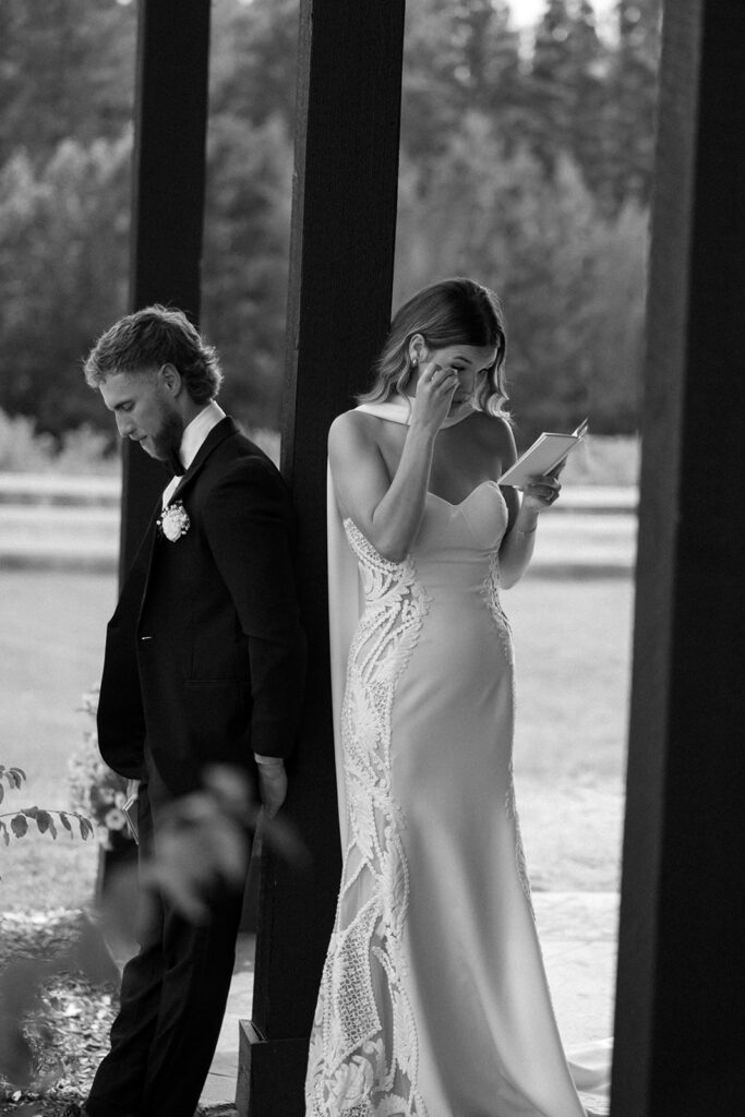 bride and groom first touch and private vow exchange